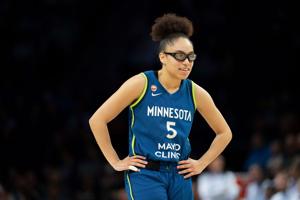 Minnesota Lynx guard Olivia Miles (5) looks on against the Toronto Tempo in the second half at Target Center on May 21, 2026 in Minneapolis, Minnesota.