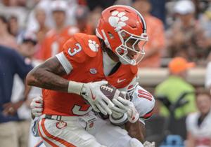 Clemson wide receiver Tristan Smith (3) catches a pass against Syracuse during the fourth quarter at Memorial Stadium in Clemson, S.C. Saturday, September 20, 2025.