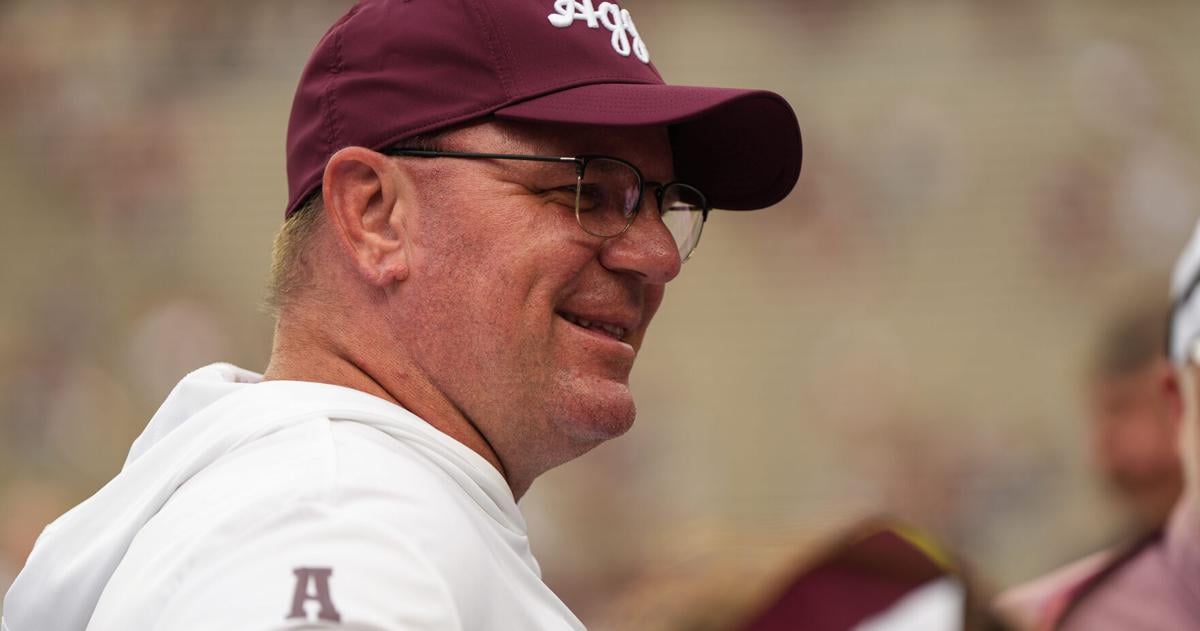 Aug 30, 2025; College Station, Texas, USA; Texas A&M Aggies head coach Mike Elko pregame against the UTSA Roadrunners at Kyle Field. Mandatory Credit: Sean Thomas-Imagn Images