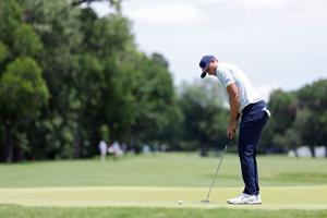 Ludvig Aberg of Sweden putts on the 5th green during the first round of the Charles Schwab Challenge at Colonial Country Club on Thursday, May 28, 2026, in Fort Worth, Texas.