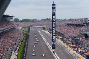 A memorial for Kyle Busch is displayed during lap 18 Sunday, May 24, 2026, during the 110th running of the Indianapolis 500 at