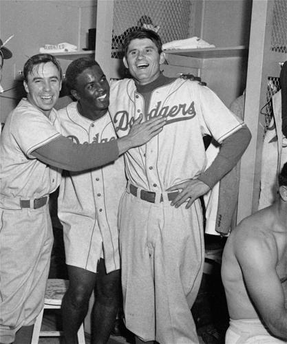Billy Cox, Gil Hodges, Pee Wee Reese and Jackie Robinson pose for the media  during Spring Training, 1952 - This Day In Baseball