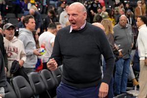 Jan 22, 2026; Inglewood, California, USA;  Los Angeles Clippers owner Steve Ballmer reacts after defeating the Los Angeles Lakers at Intuit Dome. Mandatory Credit: Jayne Kamin-Oncea-Imagn Images