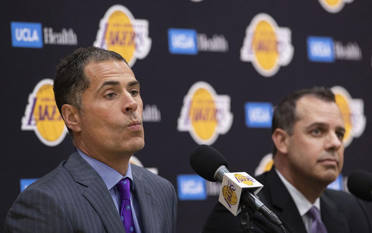Los Angeles Lakers general manager Rob Pelinka, left, and head coach Frank Vogel, address the media during a news conference at the team's practice facility on May 20, 2019, in El Segundo, California.