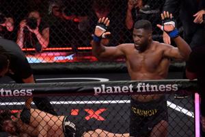 May 16, 2026; Los Angeles, California, USA; Francis Ngannou (blue gloves) reacts after fighting Philipe Lins (red gloves) in a heavyweight bout at Intuit Dome. Mandatory Credit: Jayne Kamin-Oncea-Imagn Images