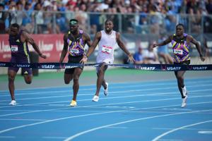 Noah Lyles (second from right) defeats Ronnie Baker, Kenny Bednarek and Christian Coleman to win the 100 meters in 9.79 during the USATF Championships at Icahn Stadium.