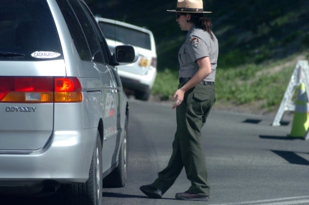 Yellowstone Park Ranger Kirrin Peart talks to visitors