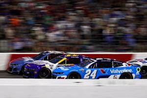 May 18, 2025; North Wilkesboro, North Carolina, USA; NASCAR Cup Series driver Kyle Busch (8), NASCAR Cup Series driver Brad Keselowski (6) and NASCAR Cup Series driver William Byron (24) during NASCAR All-Star Open at North Wilkesboro Speedway. Manda