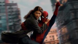 MJ (Zendaya) swings through the city with Spider-Man (Tom Holland) in "Spider-Man: Brand New Day."