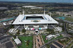 Jan 20, 2026; Miami, FL, USA; A general overall aerial view of Hard Rock Stadium, the home of the Miami Dolphins and site of the 2026 CFP Championship playoff game. Mandatory Credit: Kirby Lee-Imagn Images