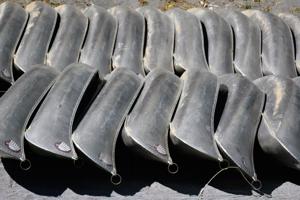 Canoes await paddlers at Burke’s Canoe Trips in Forestville along the Russian River.