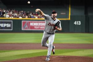 Mar 30, 2026; Phoenix, Arizona, USA; Detroit Tigers pitcher Justin Verlander (35) throws against the Arizona Diamondbacks in the first inning at Chase Field. Mandatory Credit: Rick Scuteri-Imagn Images
