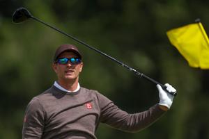 May 14, 2026; Newtown Square, Pennsylvania, USA; Adam Scott reacts to his shot from the seventh tee during the first round of the PGA Championship golf tournament at Aronimink Golf Club. Mandatory Credit: Bill Streicher-Imagn Images