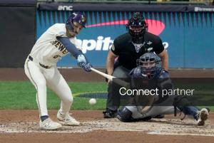 Milwaukee Brewers third baseman David Hamilton (6) hits an RBI single during the fourth inning during Game 2 of the World Series against the Tampa Bay Rays at American Family Field on Oct 24, 2026.