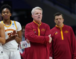 Mar 21, 2026; Storrs, CT, USA; Iowa State Cyclones head coach Bill Fennelly watches from the sideline as they take on the Syracuse Orange at Harry A. Gampel Pavilion. Mandatory Credit: David Butler II-Imagn Images