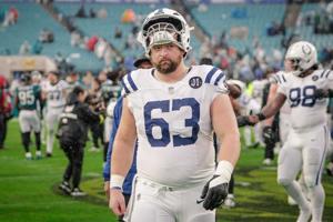 Dec 7, 2025; Jacksonville, Florida, USA;Indianapolis Colts center Danny Pinter (63) walks off the field after a loss to the Jacksonville Jaguars at EverBank Stadium. Mandatory Credit: Travis Register-Imagn Images