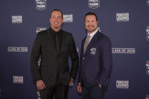 Kyle and Kurt Busch pose on the red carpet during the NASCAR Hall of Fame Induction at Charlotte Convention Center - Crown Ballroom in Charlotte, North Carolina, on January 23, 2026.