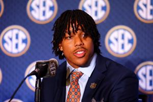 Jul 21, 2026; Tampa, FL, USA; Auburn Tigers quarterback Byrum Brown (17) speaks to the press during SEC Football Kickoff Media Day at the Tampa Marriott.