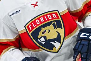 View of a Florida Panthers logo on a jersey worn by a member of the team at Bell Centre in Montreal, Quebec, on March 15, 2025.