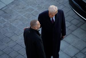 President Donald Trump speaks with House Minority Leader Hakeem Jeffries, D-New York, as he departs at the end of his inaugural ceremonies at the U.S. Capitol.