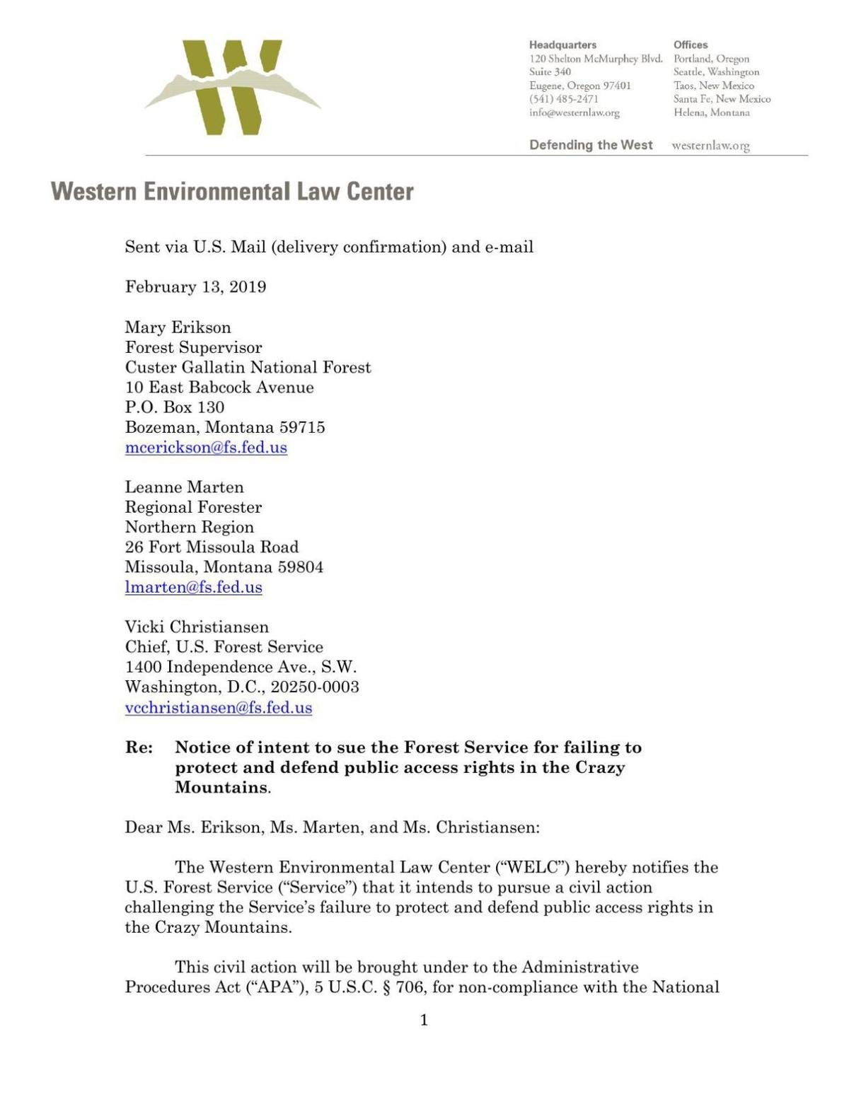 Letter of intent to sue Forest Service