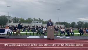 BPS assistant superintendent Gordon Klasna speaks at grand opening of Sam McDonald Stadium at Daylis