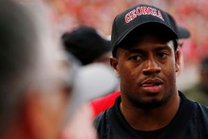 Nick Chubb reacts on the Georgia  sideline during the first half of a NCAA college football game between Tennessee and Georgia in Athens, Ga., on Saturday, Nov. 5, 2022.News Joshua L Jones