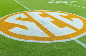 Oct. 20, 2018; Knoxville, TN, USA; The SEC logo on the field at Neyland Stadium before a game between the Tennessee Volunteers and Alabama Crimson Tide.