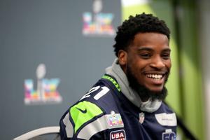 Seattle Seahawks cornerback Devon Witherspoon smiles on Feb. 4, 2026, at the San Jose Convention Center in San Jose, California.