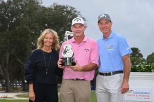 Tabitha and Jim Furyk surround 2025 Constellation Furyk & Friends champion Tommy Gainey.