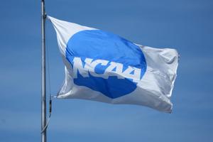 Jun 10, 2025; Eugene, OR, USA; A NCAA logo flag at the NCAA Track and Field Championships at Hayward Field. Mandatory Credit: Kirby Lee-Imagn Images