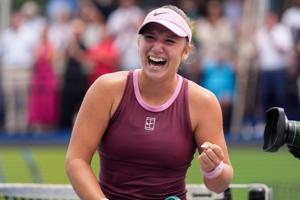 16-year-old Kristina Liutova reacts as she defeats Darja Vidmanova to win the inaugural Memphis Classic at Leftwich Tennis
