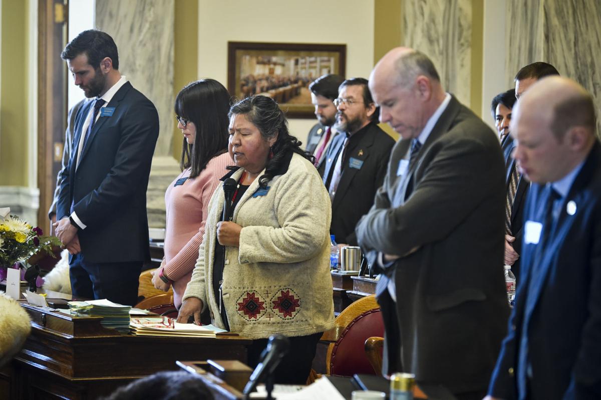 Rep. Sharon Stewart Peregoy (D-Crow Agency) gives the invocation