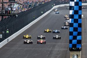 Meyer Shank Racing with Curb Agajanian driver Felix Rosenqvist (60), front left, narrowly crosses the finish line ahead of Team Penske driver David Malukas (12) Sunday, May 24, 2026, during the 110th running of the Indianapolis 500 at Indianapolis Mo