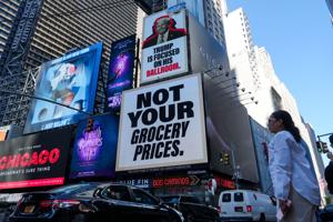 A billboard about U.S. President Trump and the White House ballroom in Times Square