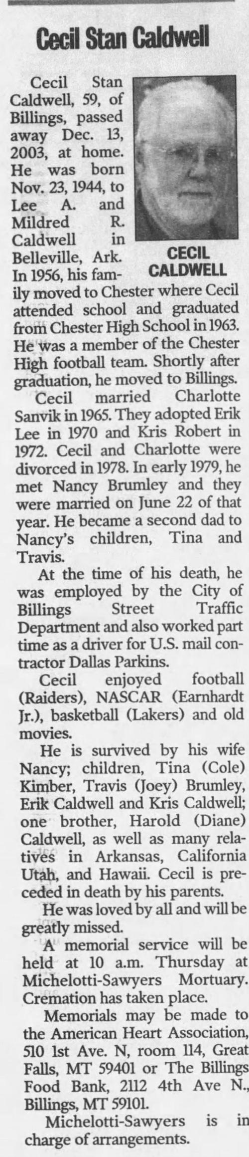 Billings Gazette obituary in print for Cecil Stan Caldwell