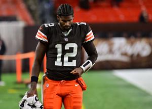 Nov 16, 2025; Cleveland, Ohio, USA; Cleveland Browns quarterback Shedeur Sanders (12) walks off the field following a game against the Baltimore Ravens at Huntington Bank Field. Mandatory Credit: Ken Blaze-Imagn Images ORG XMIT: IMAGN-1285186 ORIG FI