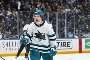 San Jose Sharks forward Macklin Celebrini (71) celebrates his goal against the Vancouver Canucks in the third period at Rogers Arena in Vancouver, British Columbia, Canada on Dec 27, 2025.