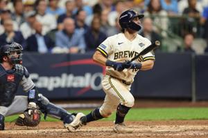 MILWAUKEE, WISCONSIN - OCTOBER 24: Sal Frelick #10 of the Milwaukee Brewers hits a solo home run against the Tampa Bay Rays during the sixth inning in game two of the 2026 World Series at American Family Field on October 24, 2026 in Milwaukee, Wiscon