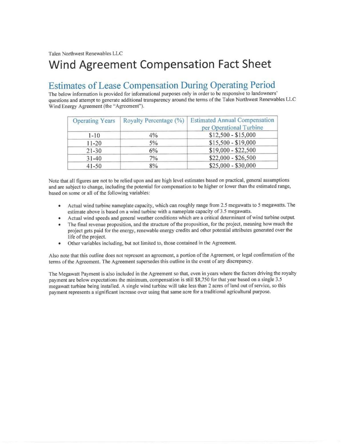 Wind Agreement Compensation Fact Sheet
