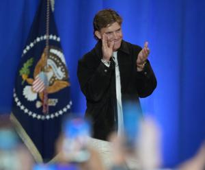 Giants quarterback Jaxson Dart at a rally for Mike Lawler and President Trump in the fieldhouse at Rockland Community College
