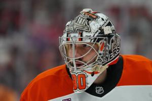 May 2, 2026; Raleigh, North Carolina, USA; Philadelphia Flyers goaltender Dan Vladar (80) skates during the warmups before the game against the Carolina Hurricanes at Lenovo Center. Mandatory Credit: James Guillory-Imagn Images