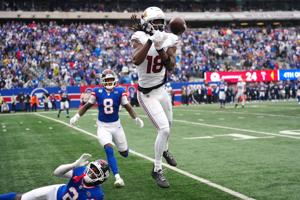 Arizona Cardinals wide receiver Marvin Harrison Jr. (18) misses the pass on the last drive of the game.  The Giants were called