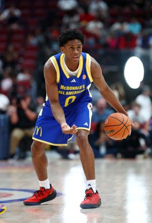 Brandon McCoy Jr. dribbles during the McDonald's All-American boys high school basketball game featuring the top seniors in the country at Desert Diamond Arena in Glendale, Arizona, on March 31, 2026.