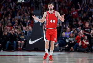 Mar 10, 2020; Portland, OR, USA; Portland Trail Blazers forward Mario Hezonja (44) reacts after making a three point basket against the Phoenix Suns during the fourth quarter at the Moda Center. Mandatory Credit: Craig Mitchelldyer-USA TODAY Sports