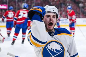 Buffalo Sabres left wing Zach Benson reacts after scoring a goal against the Montreal Canadiens during the second period in game six of the second round of the 2026 Stanley Cup Playoffs at Bell Centre.