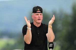 Pat McAfee records a segment of The Pat McAfee Show at Pittsburgh Steelers Training camp at Saint Vincent College.