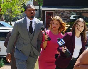 Former New England Patriot wide receiver Stefon Diggs returns to Dedham District Court after lunch break on Tuesday, May 5,