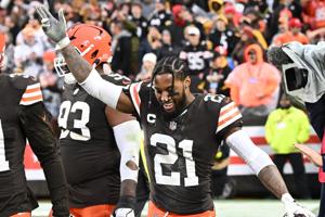 Dec 28, 2025; Cleveland, Ohio, USA; Cleveland Browns cornerback Denzel Ward (21) celebrates after the game against the Pittsburgh Steelers at Huntington Bank Field. Mandatory Credit: Ken Blaze-Imagn Images