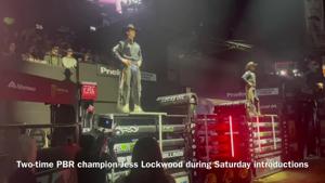 Volborg's Jess Lockwood is introduced Saturday at PBR Billings